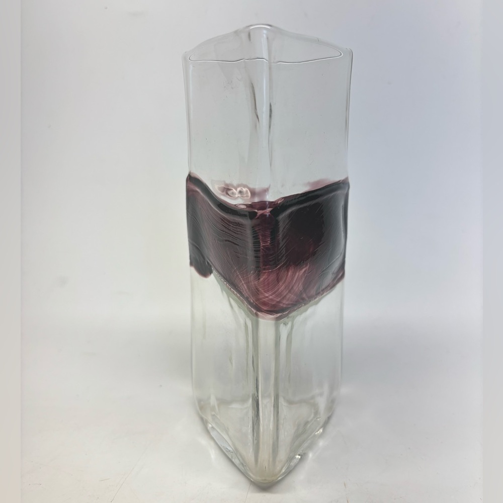 William Salas Triangular Handblown Glass Vase Purple Band Artist Signed